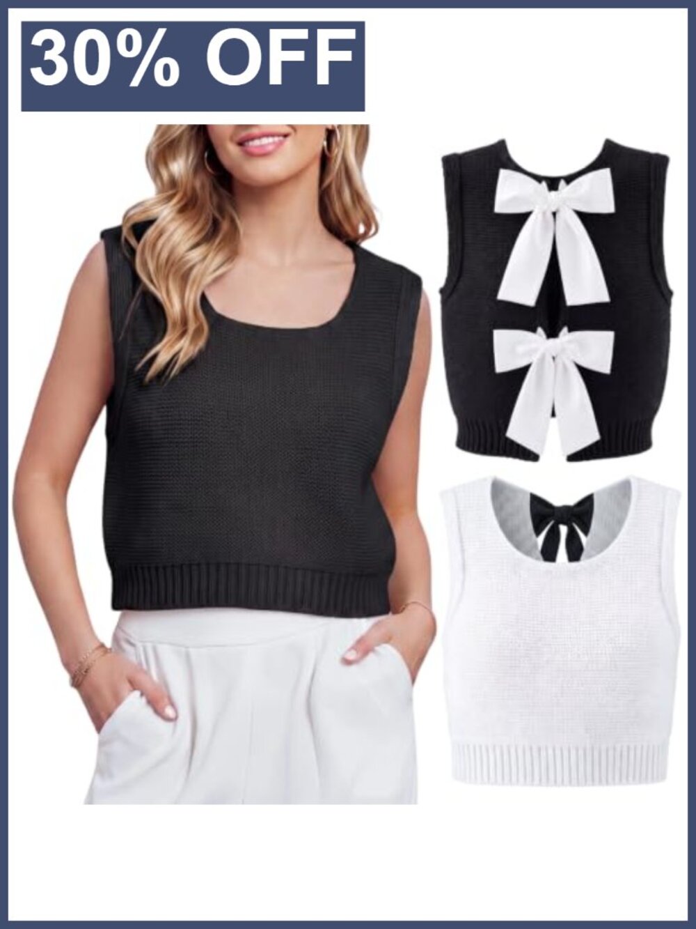 2 Pack Women's Knit Sweater Vest Bow Tie Back Sleeveless Tops